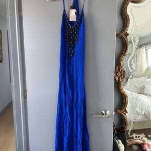 Karina Grimaldi Blue Maxi Dress with Black Beaded Detail